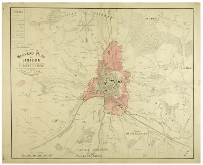Nouveau Plan de Lisieux depuis l'Annexion des Communes  St-Jacques et St-Désir avec tous les changements et augmentations survenus jusqu'à ce jour / par M. Bailleul, anc[ien] Agent-Voyer d'Arrondisement.- [Lisieux] :  E. Mack éditeur lithographe