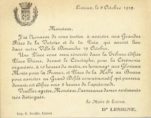 Invitation tribune  officielle Fêtes de la Victoire et de la Paix Lisieux 19 octobre 1919.