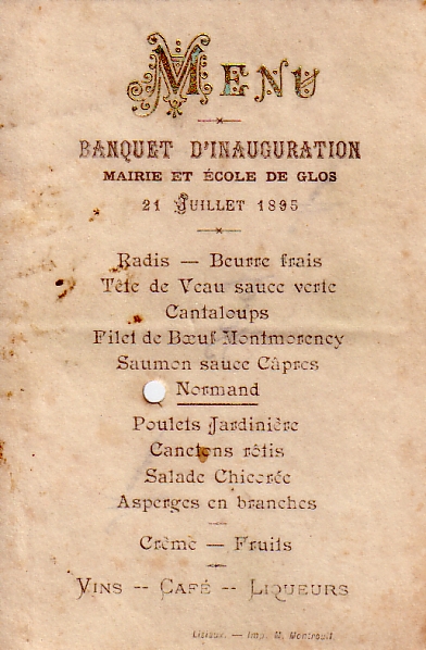 Menu : Glos, 21.VII.1895, banquet d'inauguration Mairie et Ecole