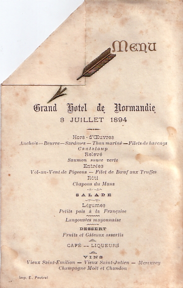 Menu du Grand Hôtel de Normandie - Lisieux - 3.VII.1894